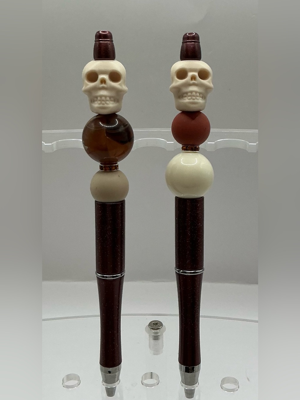 MENS PENS: 2 HANDMADE BEADED PENS FOR MEN BROWN SKULL THEME